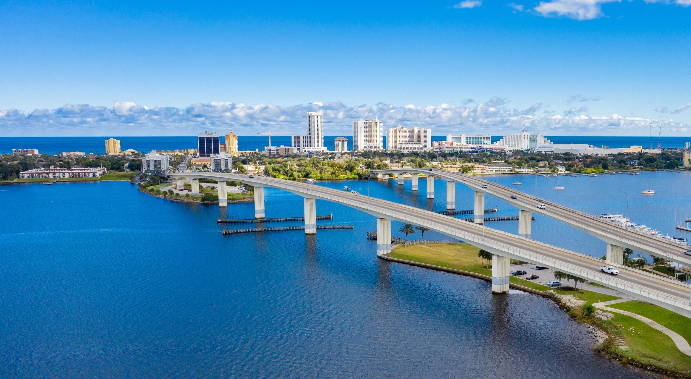 Coastal Florida skyline and waterways from above
